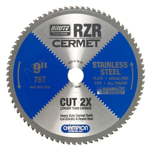 Brute Platinum 9in Brute RZR Cermet Tipped Circular Saw Blades for Stainless Steel, 76 Teeth, 1in Arbor CHA RZR-9-76-ST - main